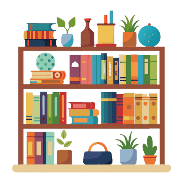 Bookshelf filled with books and other nick nacks